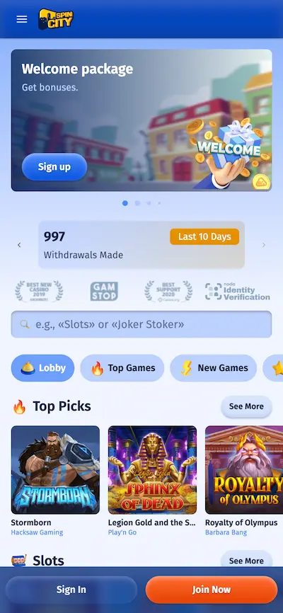 Ekran promocji i bonusów w Spin City Casino w niebieskiej oprawie miejskiej