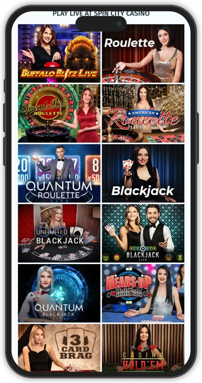 Sekcja kasyna na żywo w Spin City Casino z nowoczesnym miejskim stylem