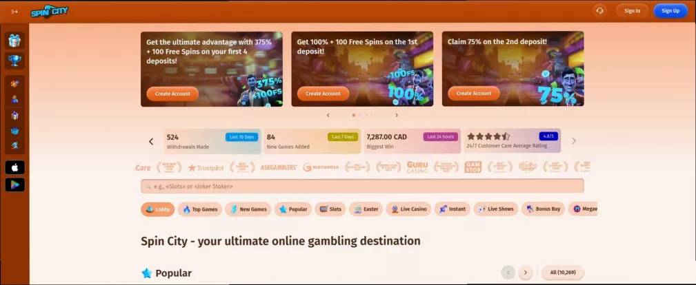 Widok rozgrywki i przykładowych automatów dostępnych w Spin City Casino