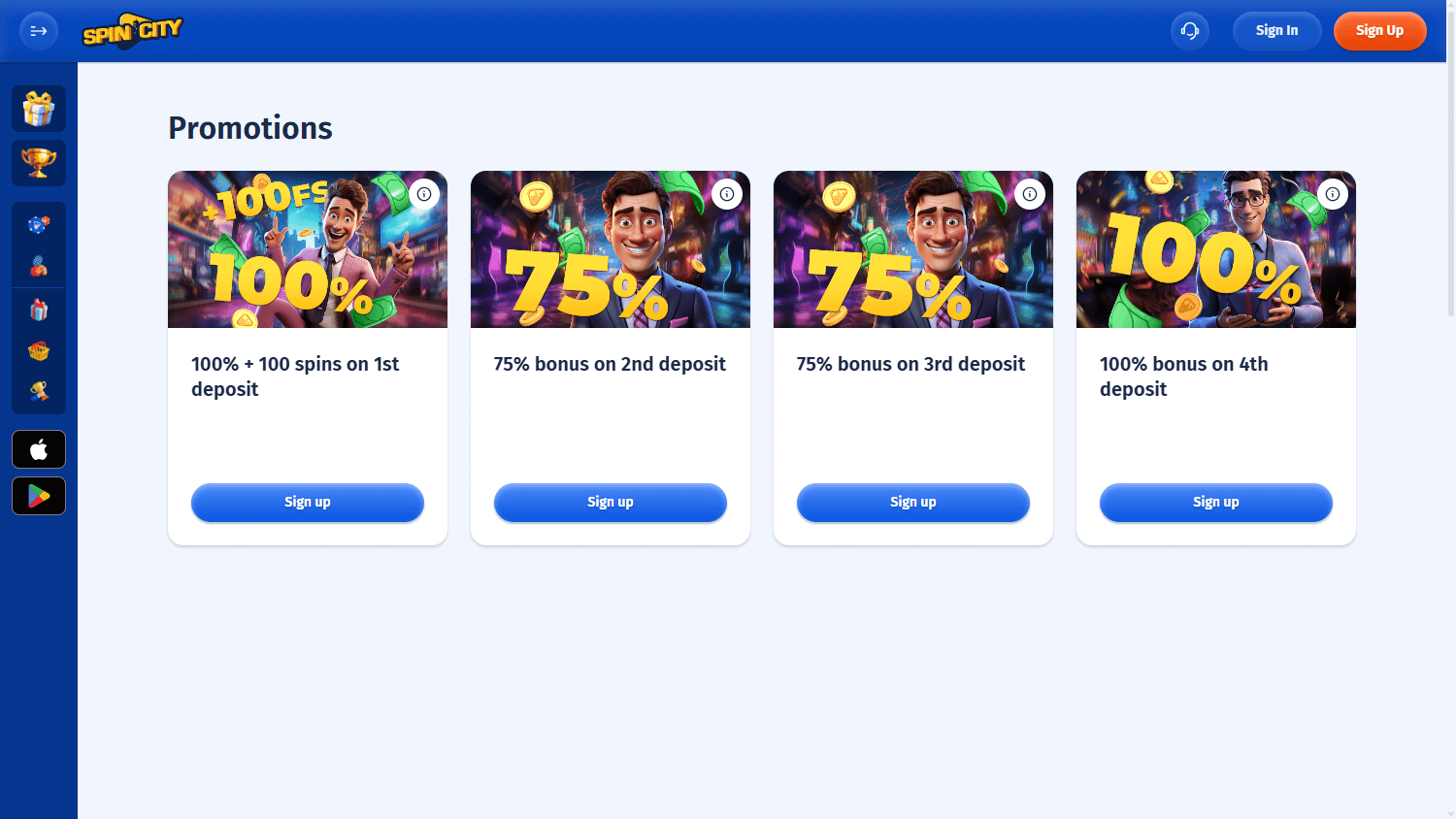 Przegląd interfejsu Spin City Casino z menu gier i sekcjami promocji